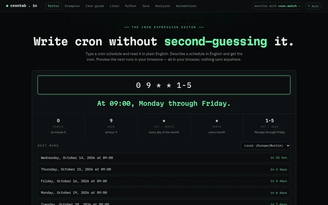 crontab.in: Explain cron expressions in plain words and see the next run times.