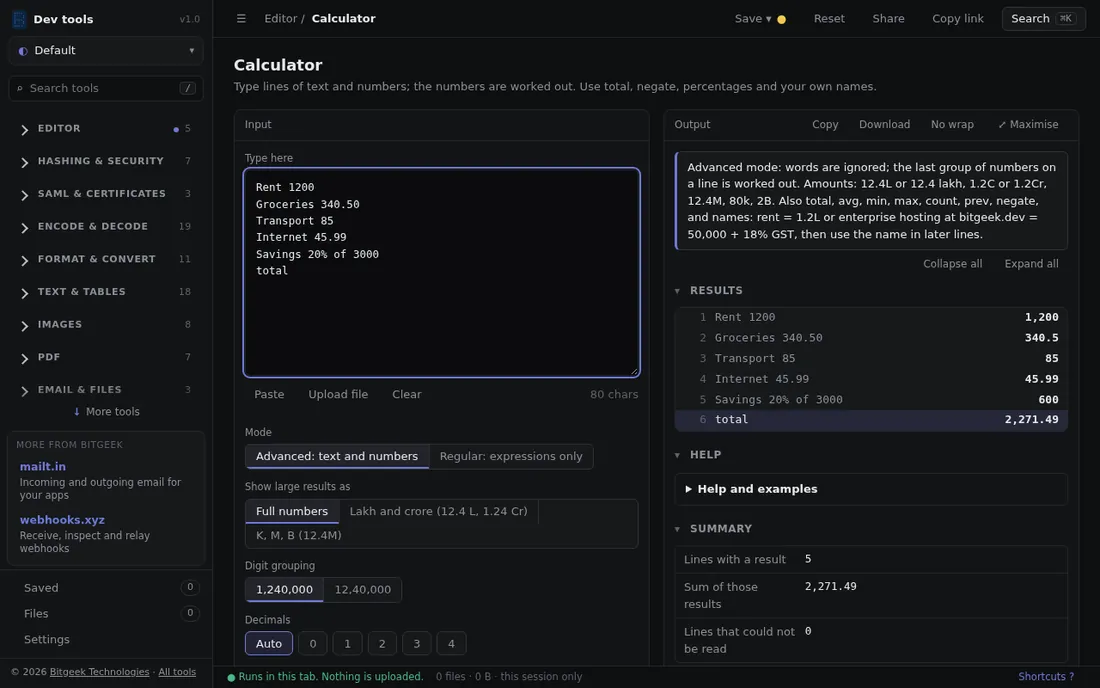 Text calculator: Type lines of text and numbers; the numbers are worked out and totalled.