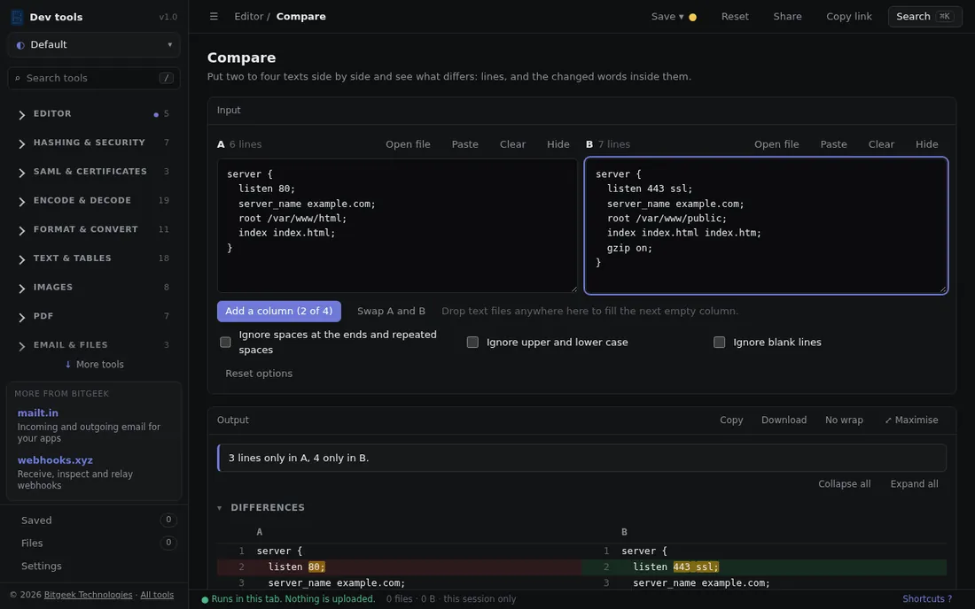 Text compare: Compare two to four texts side by side, by line and by word.