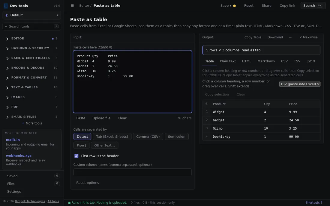 Paste as table: Paste spreadsheet cells and copy them as Markdown, CSV, HTML or JSON.