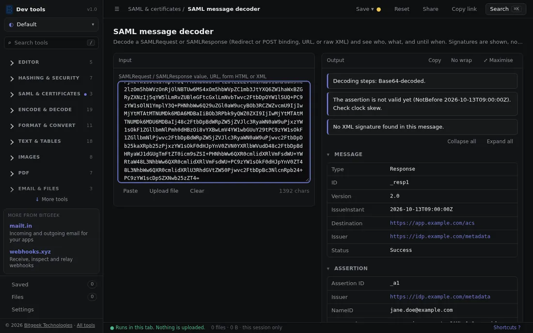 SAML message decoder: Decode a SAML request or response: issuer, subject, audience and validity.