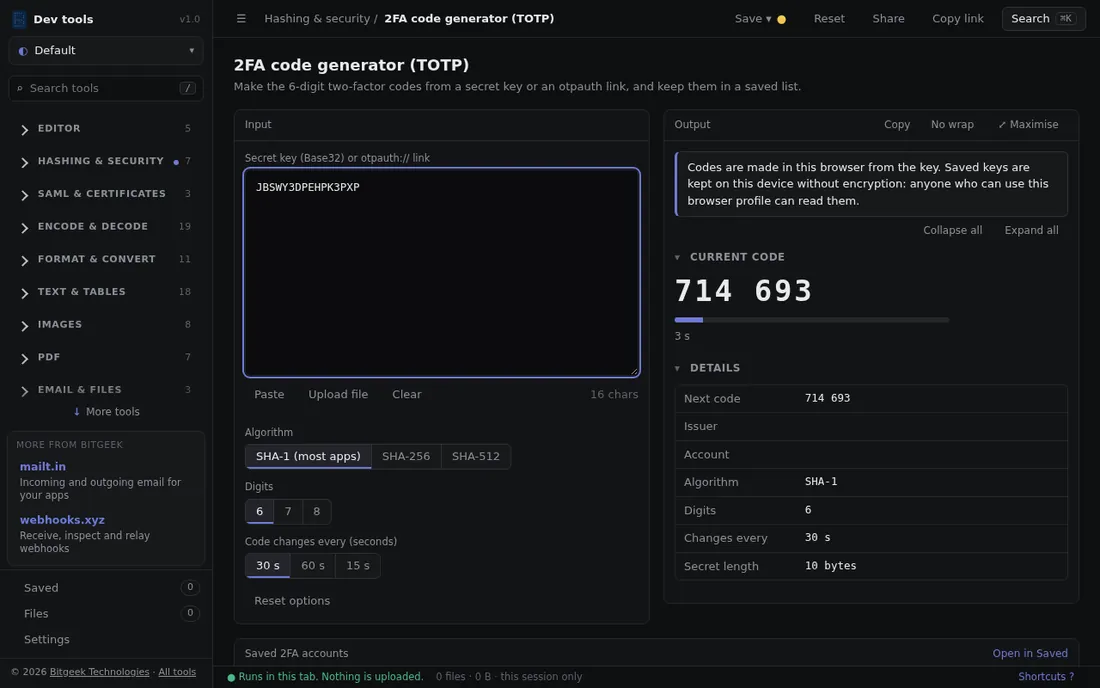 2FA code generator: Make six-digit TOTP two-factor codes from a secret key.