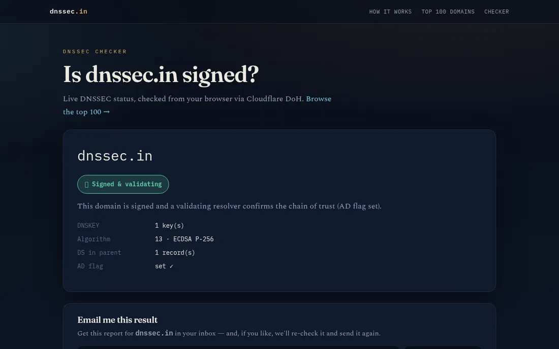 dnssec.in: Check whether a domain is DNSSEC signed and validating.