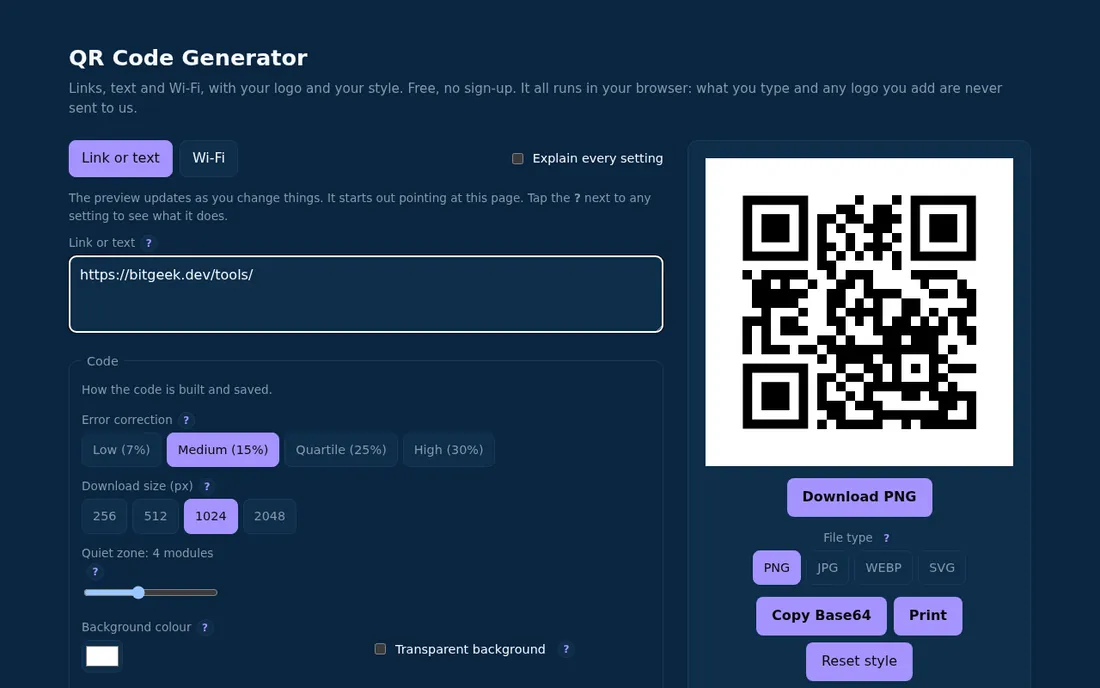 QR code generator: Make QR codes for links, text and Wi-Fi, with your logo and style.